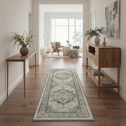 GENIMO Runner Rug 2x5 Non Slip Machine Washable Vintage Hallway Runner Rug, Low Pile Lightweight Rugs for Entryway, Hallway, Kitchen and Corridor, Sage Green