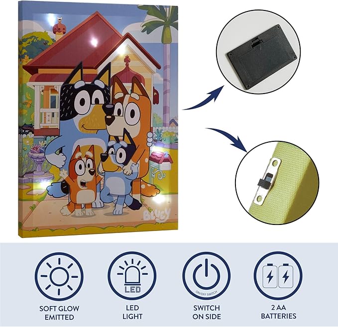 Bluey LED Wall Art for Kids,11.5 x 15.75 Inch Light-Up Canvas Décor with Hanging Hooks, Battery Operated Night Light for Toddlers & Children’s Bedrooms or Playrooms
