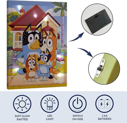 Bluey LED Wall Art for Kids,11.5 x 15.75 Inch Light-Up Canvas Décor with Hanging Hooks, Battery Operated Night Light for Toddlers & Children’s Bedrooms or Playrooms
