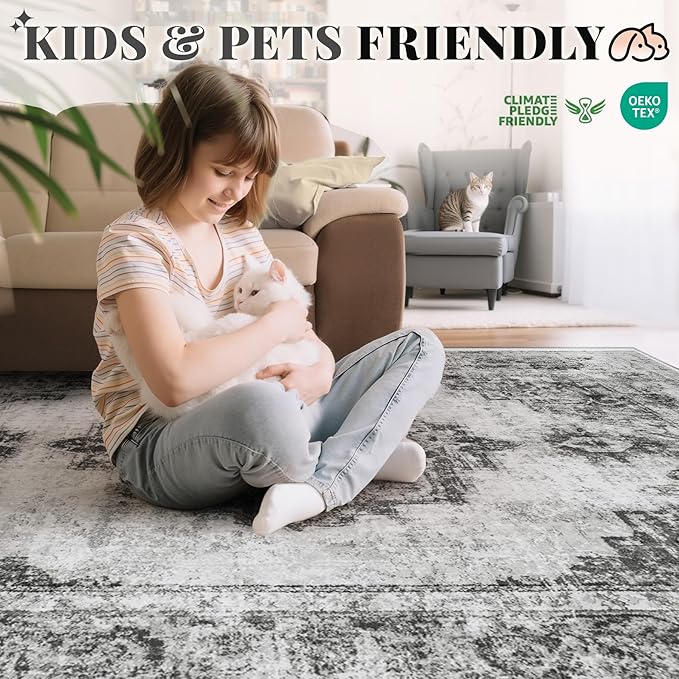 Area Rug 9x12 Vintage Rugs: Large Washable Indoor Medallion Rug Low Pile Distressed Floor Carpet Retro Accent Rugs for Living Room Bedroom Kitchen Dining Table Home Office(Black, 9'x12')