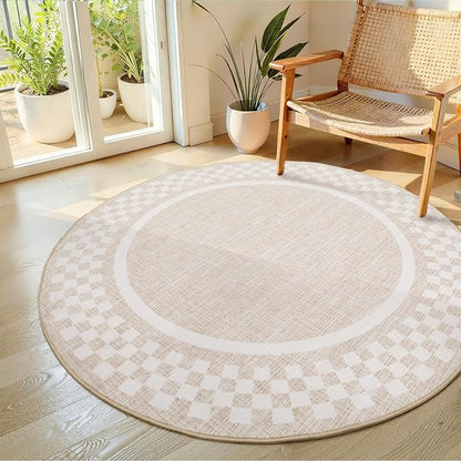 6ft Washable Round Rug for Entryway Modern Checkered Bedroom Circle Rug Non Slip Soft Dining Room Round Throw Carpet Large Stain Resistant Border Round Rugs for Living Room Kitchen Bathroom, Beige