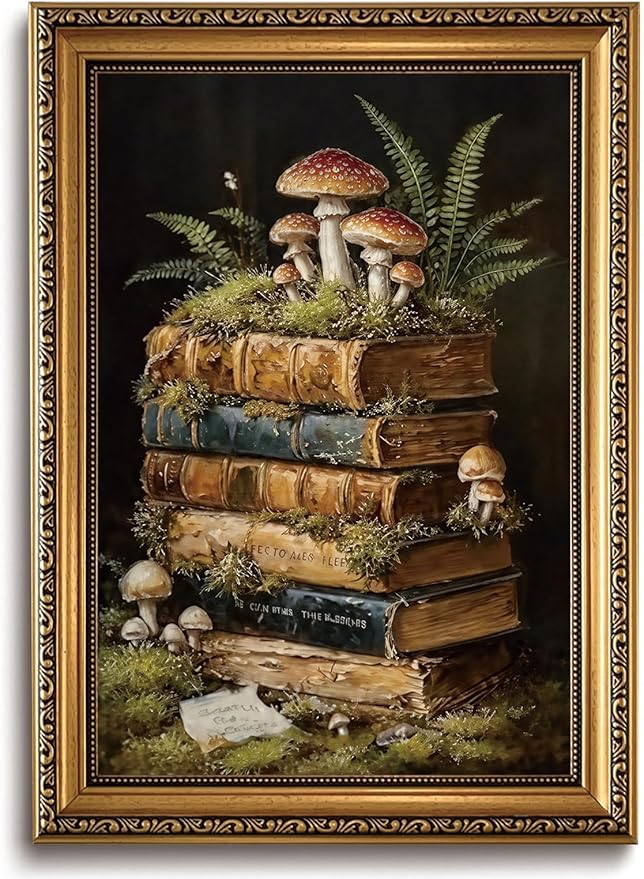 WZGZXU Vintage Gold Framed Wall Art Botanical Wall Decor Dark Academia Canvas Art Cottagecore Stack Books Pictures Gothic Prints Moody Paintings For Bedroom Study Room Library 16x24in