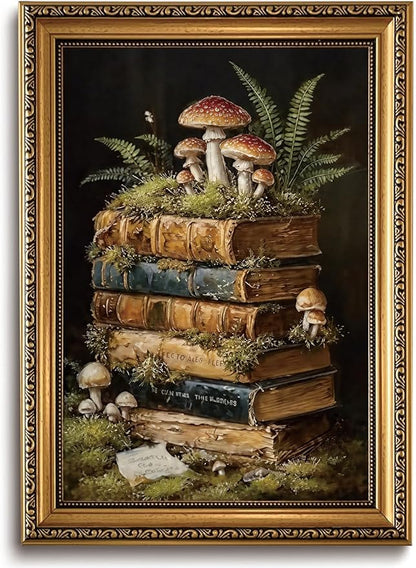 WZGZXU Vintage Gold Framed Wall Art Botanical Wall Decor Dark Academia Canvas Art Cottagecore Stack Books Pictures Gothic Prints Moody Paintings For Bedroom Study Room Library 16x24in