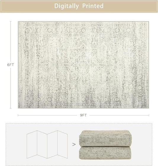 Srugn Washable Rugs 6x9 Area Rugs for Living Room,Bedroom,Dining Room- Large Ultra Soft Faux Wool Retro Carpets,Non Slip&Non-Shedding Low Pile Vintage Print Rug for Home Office Decor-Beige