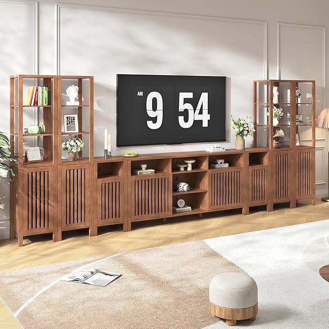 BVIUNTWO Farmhouse TV Stand for 100 inch TVs, Entertainment Center with Bookshelves, 8 Door Media Console with Adjustable Shelves, Storage Cabinet for Living Room Bedroom Home Theater, Rustic Brown