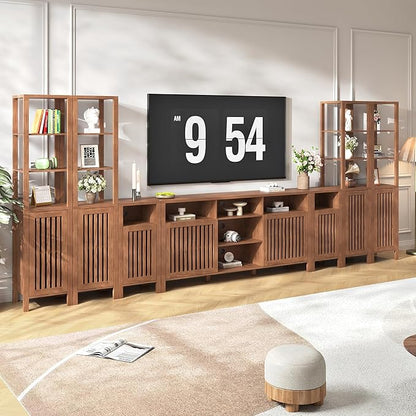 BVIUNTWO Farmhouse TV Stand for 100 inch TVs, Entertainment Center with Bookshelves, 8 Door Media Console with Adjustable Shelves, Storage Cabinet for Living Room Bedroom Home Theater, Rustic Brown