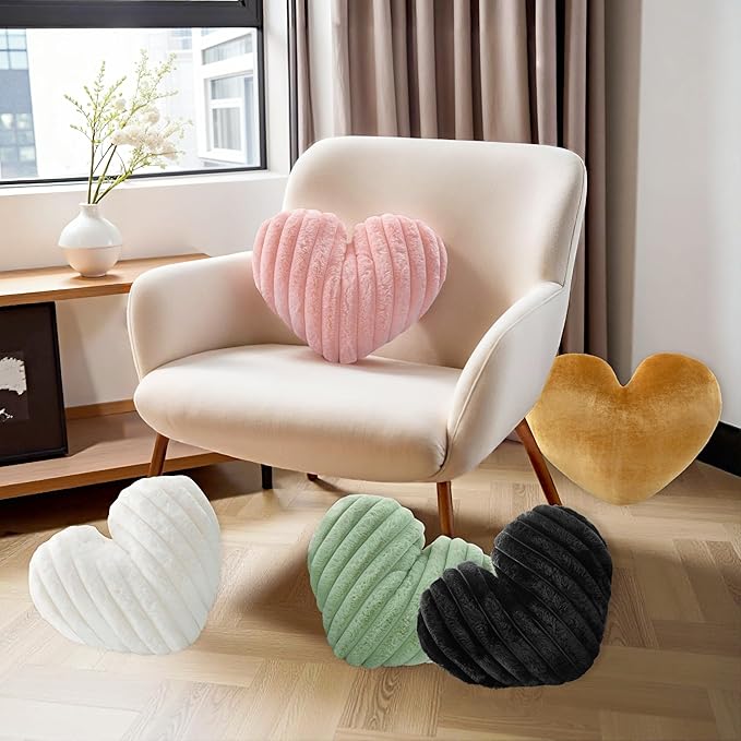 16 Inch Black Heart Pillow Cute Decorative Throw Pillows, Heart Shaped Soft Fluffy Faux Fur Pillows Cushions for Couch Chair Bed Bedroom Room Home Decor Aesthetic (1, Black, Medium-16 x13)