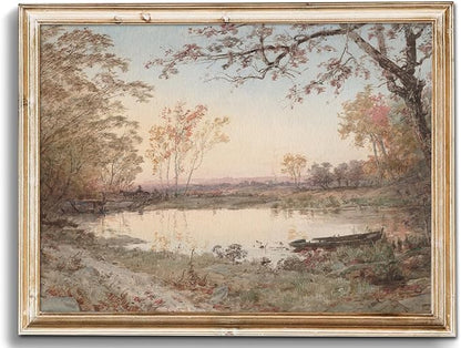 uniro Vintage Wall Art, Farmhouse Wall Decor Fall Pond Wall Painting Canvas Prints Autumn Landscape Oil Painting, Neutral French Country Wall Decor, Vintage Art Pictures for Bedroom Bathroom Kitchen Decor( 8" x 10"-UNFRAMED)