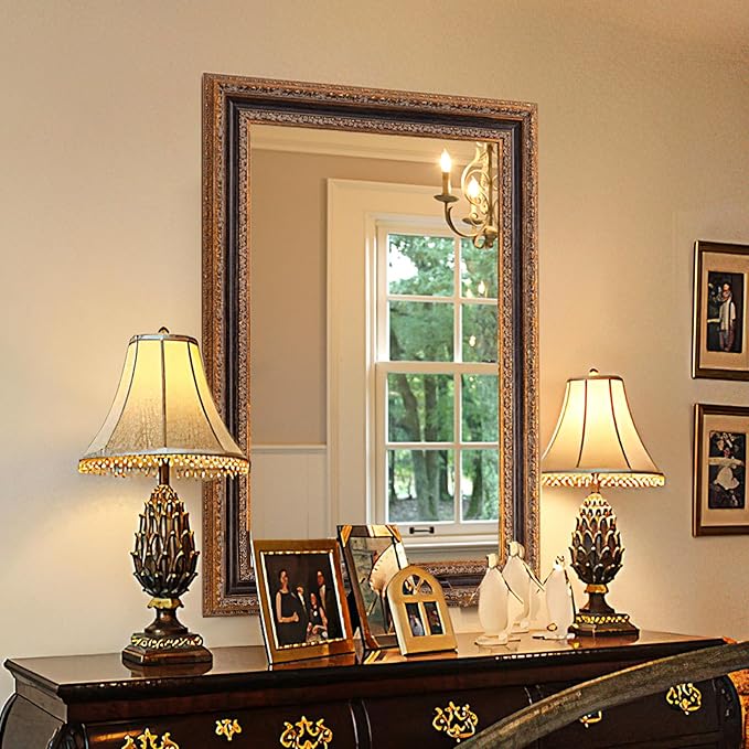Antique Bathroom Wall Mirror 36.5" X 25", Bronze Mirror with Ornate Carvings Solid Wood Frame, Handmade Aging, for Vintage Living Room, Hallway and Bedroom