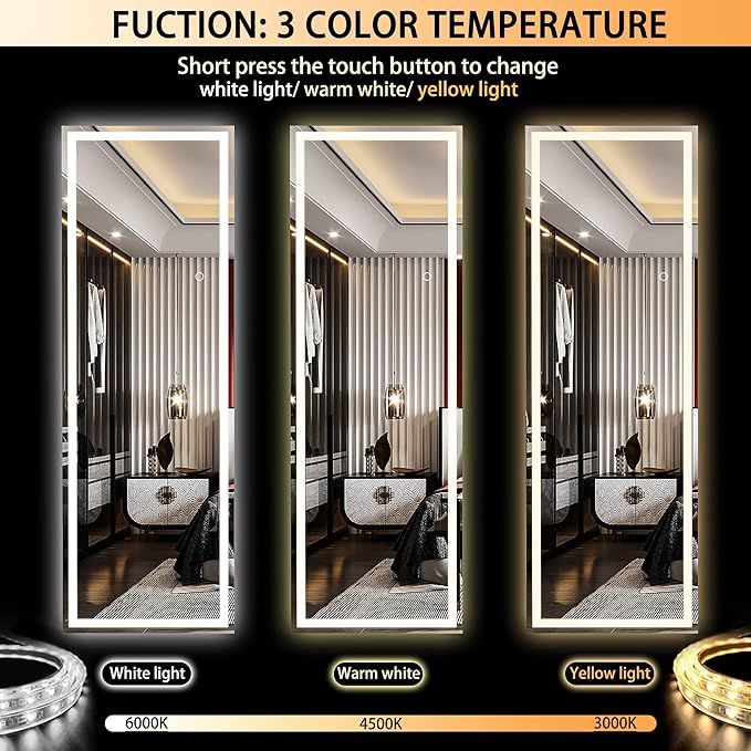 Hasipu Full Length Mirror with Lights, 58" x 18" LED Lighted Floor Standing, Full Body Dressing Hanging Mounted Mirror, Tempered Glass, Square White