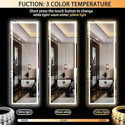 Hasipu Full Length Mirror with Lights, 56" x 15.8" LED Floor, Full Body Dressing Standing, Hanging Mounted Mirror, Square Black