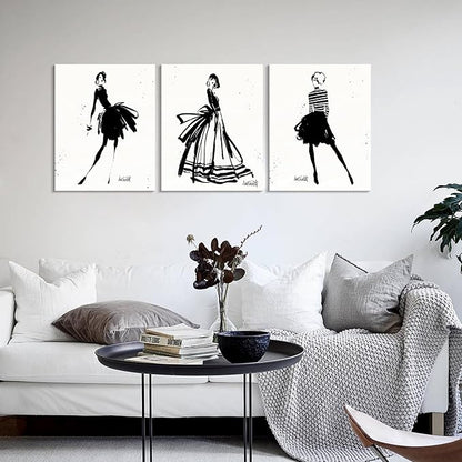 Chadow Artwork 3 Pieces Girl in Black Dress Wall Art Bathroom Art Fashion Women Canvas Pictures for Bedroom Beauty Salon Bathroom Makeup Room Decor 12"x16" (30cmx40cm)