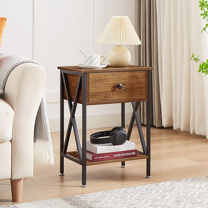 VECELO Nightstand,Modern Bedside End Table, Night Stand with Drawer and Storage Shelf for Living Room Bedroom, Industrial Metal Frame