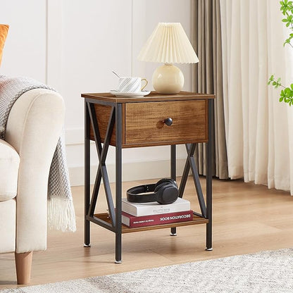 VECELO Nightstand,Modern Bedside End Table, Night Stand with Drawer and Storage Shelf for Living Room Bedroom, Industrial Metal Frame