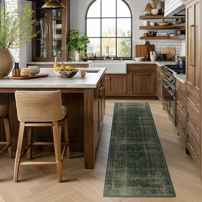 Dark Green 2x6 Hallway Runner Rug, Washable Non Slip Thin Carpet Runners for Kitchen Floor, Distressed Moody Runner Rugs for Entryway/Foyer/Bedroom/Laundry Room, Green with Brown Accents