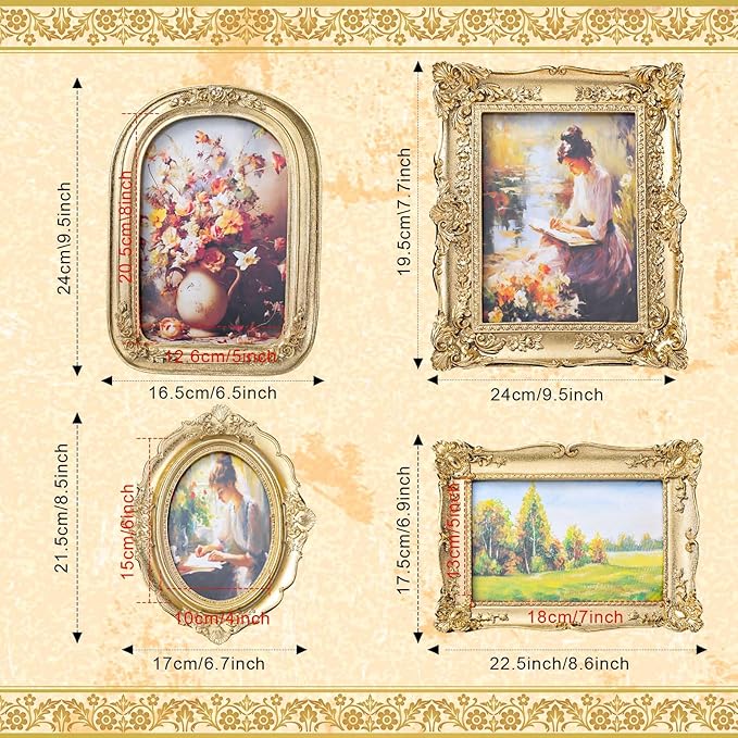 Geetery 4 Pcs Vintage Picture Frames Set, Gold Ornate Baroque Frames for Gallery Wall, Antique Victorian Decorative Photo Frame for Tabletop or Wall Display, Shabby Cottagecore Home Decor