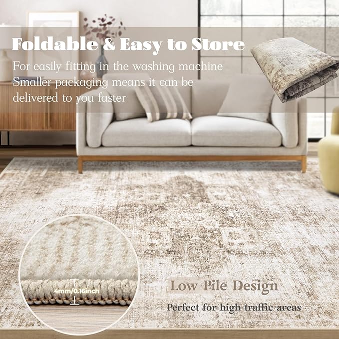 Runner Rug 2x8 Washable Rug, Vintage Boho Medallion Hallway Runner Non-Slip Soft Low Pile Distressed Floor Carpet Retro Doormat for Kitchen Bedroom Laundry Entryway Bathroom (Brown, 2'x8')