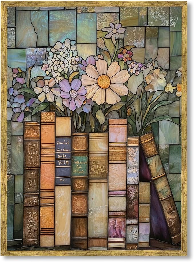 Large Gold Framed Stained Glass Books Wildflower Canvas Poster Print Vintage Floral Library Wall Art Trendy Flower Artwork Mid-century Botanical Book Stack Painting Pictures Wall Decor 24x36inch