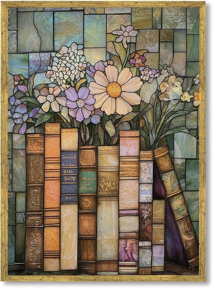 Large Gold Framed Stained Glass Books Wildflower Canvas Poster Print Vintage Floral Library Wall Art Trendy Flower Artwork Mid-century Botanical Book Stack Painting Pictures Wall Decor 24x36inch