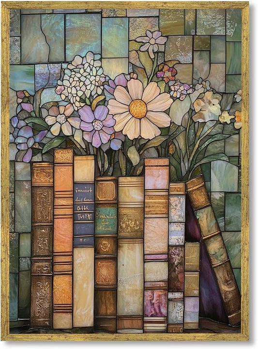 Large Gold Framed Stained Glass Books Wildflower Canvas Poster Print Vintage Floral Library Wall Art Trendy Flower Artwork Mid-century Botanical Book Stack Painting Pictures Wall Decor 24x36inch