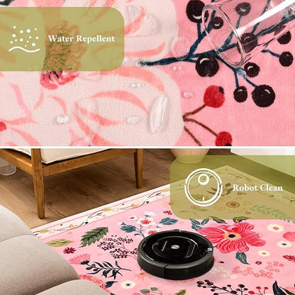 Macgace Pink Floral Rug for Girls Bedroom, 4x6 Machine Washable Area Rugs with Non Slip Backingfor Living Room, Cute Flowers Carpet Kitchen Dining Room Kids Playroom Decor