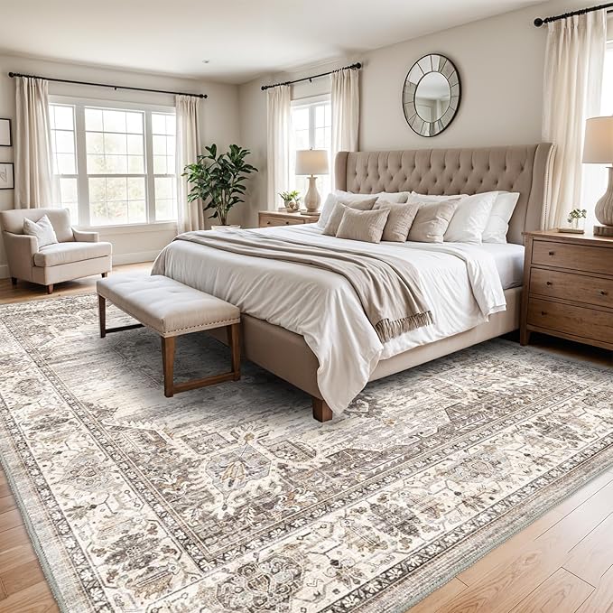 Area Rugs 10x14 Living Room: Machine Washable Rug - Soft Carpet for Bedroom - Stain Resistant Vintage Distressed Area Rug 10'x14' Beige