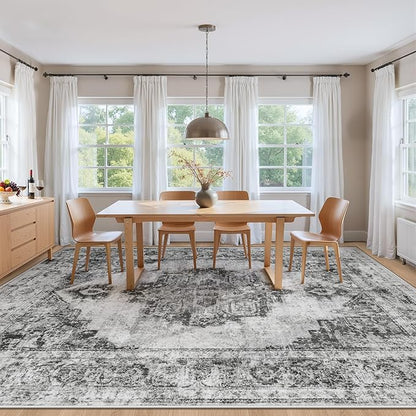 Area Rug 9x12 Vintage Rugs: Large Washable Indoor Medallion Rug Low Pile Distressed Floor Carpet Retro Accent Rugs for Living Room Bedroom Kitchen Dining Table Home Office(Black, 9'x12')
