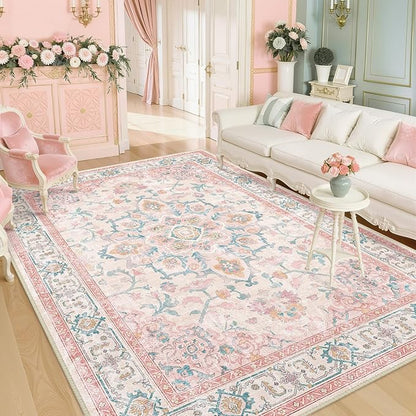 CAPALOCA Machine Washable Rugs Nursery Rug 5x8 Cute Girl Non Slip Low Pile Water Repellent Soft Print Pattern for Bedroom Indoor Decor Kids Playroom Pink Teal
