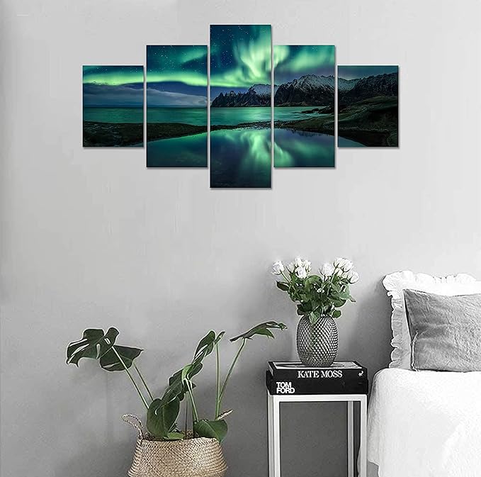 Aurora Borealis Wall Art Painting for Office Bedroom Scenery Landscape Canvas Print Framed Picture Northern Lights Poster Artwork Ready to Hang(60Wx32H)