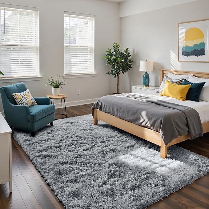Fluffy Rug Shag Area Rug, Light Grey 5x8 Area Rugs for Bedroom, Small Bedside Rug, Soft Fluffy Shag Entryway Throw Rugs for Living Room Bedroom Kids Room Home Decor