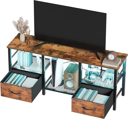 TV Stand for 55 Inch TV, LED Entertainment Center with Fabric Drawers and Power Outlets, Modern Industrial TV Media Console for Living Room, Bedroom Storage Cabinet - 47.2'' Rustic Brown