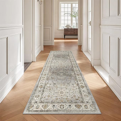 2.6x8 Washable Hallway Runner Rug - Kitchen Rugs with Non Slip Backing Vintage Soft Farmhouse Entryway Mat for Living Room Laundry Bedroom Bathroom Ivory/Grey