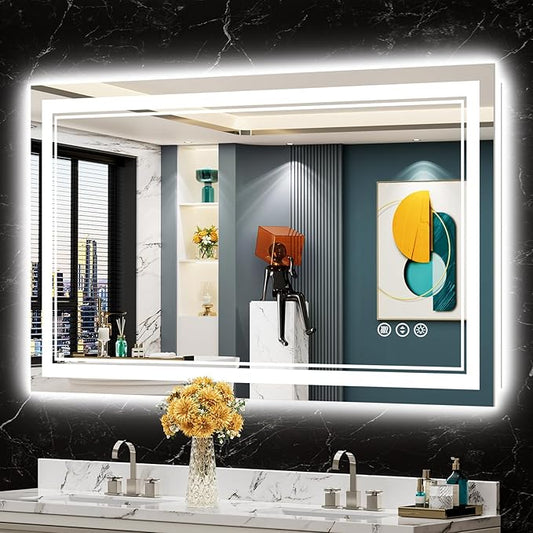 48x28 LED Bathroom Mirror with Lights, Backlit and Front Lit Anti-Fog Lighted Vanity Mirrors for Bathroom Wall, Dimmable, 3-Color Light, Memory, Shatter-Proof, HD Tempered Glass, CRI＞90