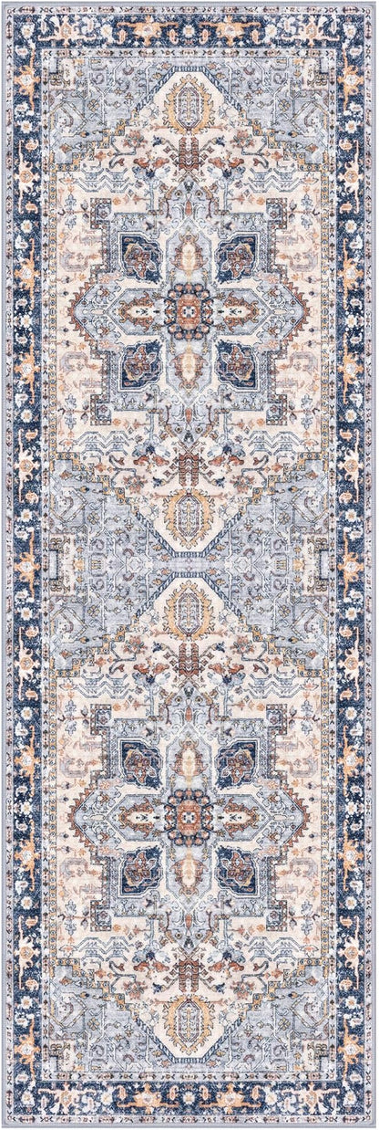 KOZYFLY Runners for Hallways 2x6 Ft Washable Kitchen Runner Rug Boho Runner Rug for Entryway Indoor Printed Oriental Faux Wool Floor Carpet Runner for Bedroom Kitchen Hall, Blue Gray/Cream