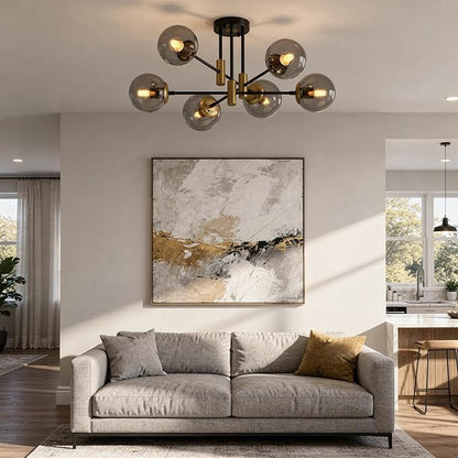 6-Light Sputnik Chandelier Modern Matte Black and Gold Ceiling Light, Glass Globe Hanging Light Fixture for Dining Room, Kitchen Island, Bedroom, Living Room