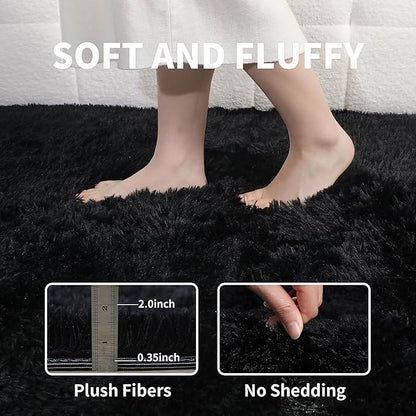 KICHOWUA 3x5 Black Fluffy Shag Rug for Bedroom, Soft Plush Fuzzy Washable Non Slip Floor Cozy Carpet, Modern Comfy Furry Shaggy Small Area Rug for Living Room, Kids Baby Boys Girls Nursery Dorm Room