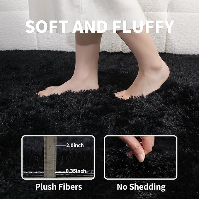KICHOWUA 6x9 Black Fluffy Shag Rug for Bedroom Living Room, Ultra Soft Plush Fuzzy Washable Floor Non Slip Cozy Large Area Rug for College Dorm, Modern Comfy Shaggy Carpet for Kids Baby Nursery