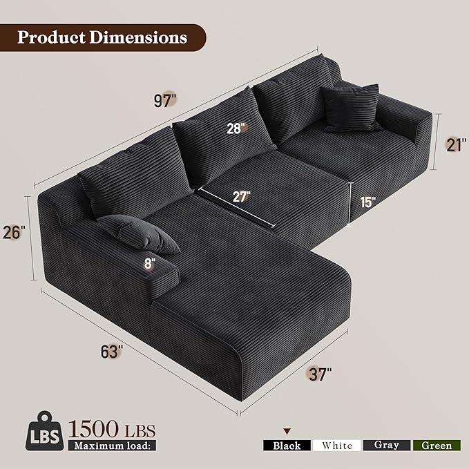 Homkdom L-Shaped Cloud Boneless Couch with Deep Seat, Modular Sectional Sofa with Oversized Chaise, 6 Layouts Combination for Living Room, Apartment, No Assembly (Black, Left Facing Chaise)