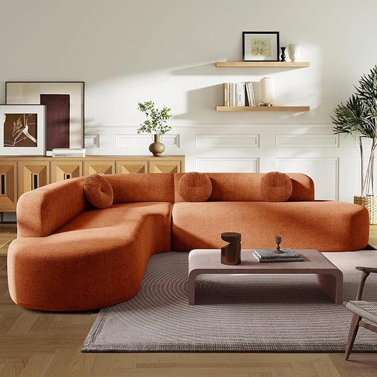 Deep Seat Curved Sectional Sofa - Cloud Round Couch with Elegant Curved Design & 3 Round Cushions, L-Shaped Comfy 4 Seater Floor Sofa, No Assembly Required (Orange)