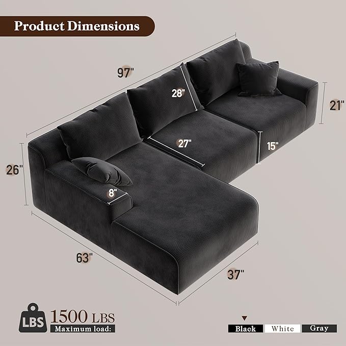 Homkdom L-Shaped Cloud Boneless Couch with Deep Seat, Modular Sectional Sofa with Oversized Chaise, 6 Layouts Combination for Living Room, Apartment, No Assembly (Black Check, Left Facing Chaise)
