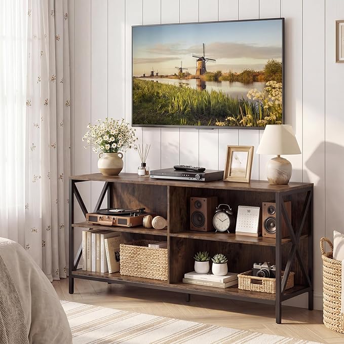 Tangkula TV Stand for TVs up to 55 Inches, 47" Farmhouse Entertainment Center with 4 Open Shelves & Built-in Cable Holes, TV Console Table with X-Shaped Frame for Living Room (Rustic Brown)