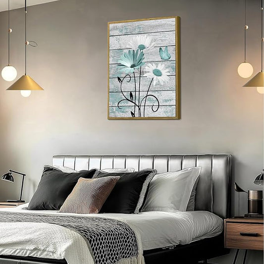HVEST Farmhouse Teal Floral Framed Wall Art Rustic Daisy Butterfly on Vintage Wood Canvas Wall Art Nature Flower Pictures for Bedroom Living Room Office Decor Framed Artwork, 17L X 12W inches