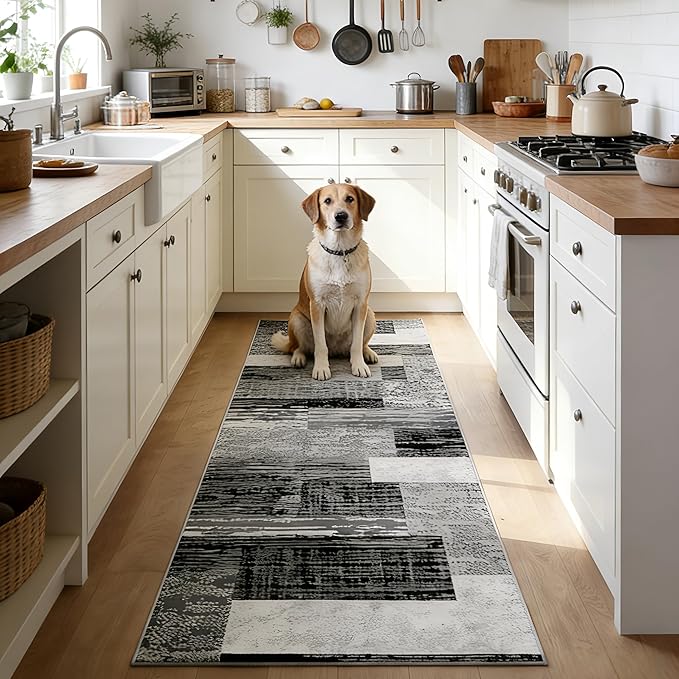 FlyDOIT Modern Geometric Patchwork Area Rug, 2.7x8 Grey Runner Rugs for Living Room, Rockwood Collection Indoor Rugs for Bedroom, Throw Carpet Floor Decor for Entryway Dining Room Office Nursery
