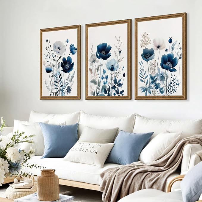 DUWQU 3 Pieces Blue Floral Canvas Wall Art, Wood Framed Navy Blue Wildflower Lily Daisy Wall Decor, Watercolor Botanical Flower Home Poster Art Prints for Living Room Bedroom Bathroom 20×30 Inches