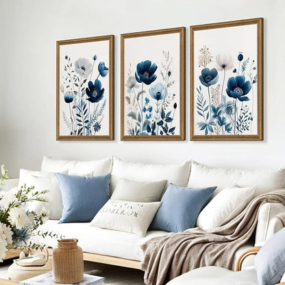 DUWQU 3 Pieces Blue Floral Canvas Wall Art, Wood Framed Navy Blue Wildflower Lily Daisy Wall Decor, Watercolor Botanical Flower Home Poster Art Prints for Living Room Bedroom Bathroom 20×30 Inches