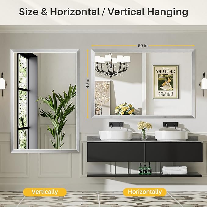 60x40 Inch Brushed Silver Bathroom Mirror for Wall, Thick Metal Framed Rectangle Mirrors for Over Sink, Bedroom, Living Room, Entryway, Anti-Rust, HD Tempered Glass