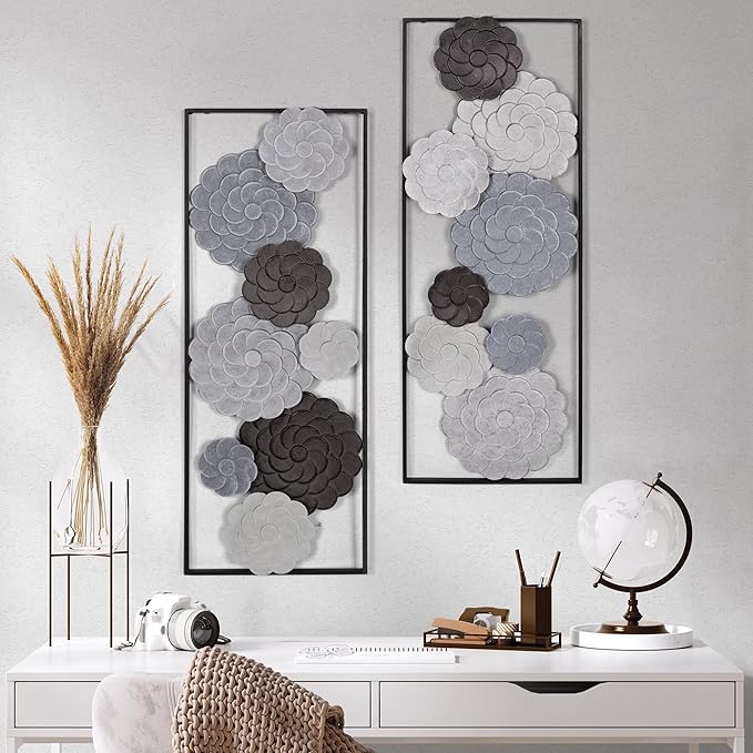 Oakrain 2 PCS Metal Wall Art - 35.4" X 13.4" Large Metal Flower Wall Decor with Frame, Modern Home Wall Decoration Sculpture for Living Room, Office, Bedroom, Study