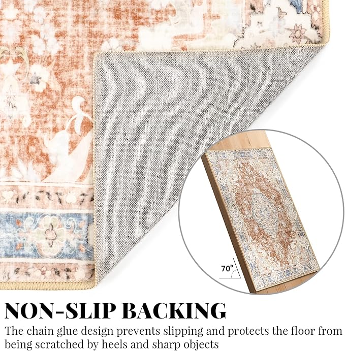 MUJOO Boho Rug 4'x6.5' Area Rugs for Bedroom Living Room Dining Room Small Rugs Machine Washable Carpet for Office Dorm Bedside Kitchen Laundry Room Accent Soft Low-Pile Floral Orange