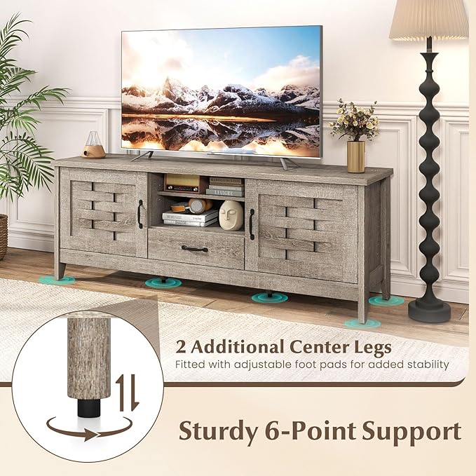 Giantex Farmhouse TV Stand for 65 Inch TVs, 59" Wood Entertainment Center with 2 Woven Accent Doors, Storage Drawer & 3 Adjustable Shelves, Media Console Table for Living Room, Bedroom (Rustic Oak)