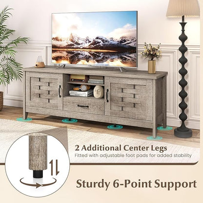 Giantex Farmhouse TV Stand for 65 Inch TVs, 59" Wood Entertainment Center with 2 Woven Accent Doors, Storage Drawer & 3 Adjustable Shelves, Media Console Table for Living Room, Bedroom (Rustic Oak)